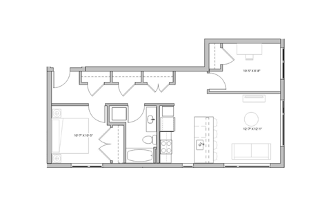 bedroom floor plan of a small house with furniture and a closet